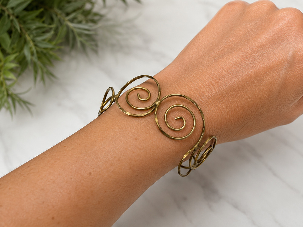 Handcrafted Brass Cuff Bracelet Artisan Abstract Wire Wrapped Scroll Minimalist